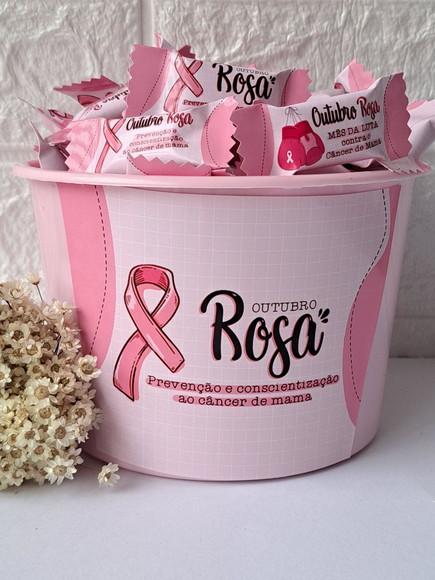 1 Balde com 100 Balas Outubro Rosa