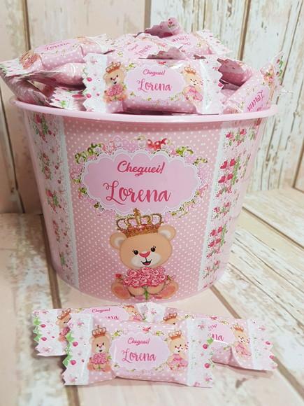 Kit 1 Balde com 100 balas Ursinha Princesa