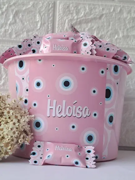 1 Balde com 100 Balas Olho Grego Rosa