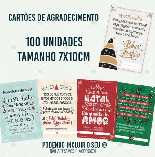 100 Cartões de Agradecimento Cliente 7x10cm Natal