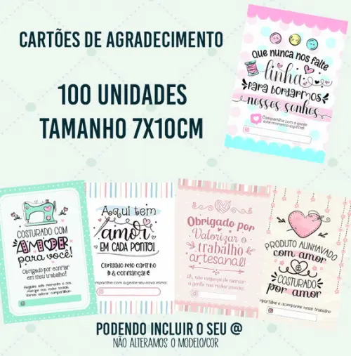 100 Cartões de Agradecimento Cliente 7x10cm Costura