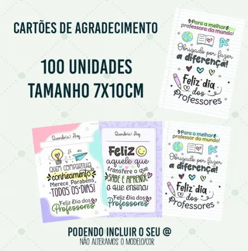 100 Cartões de Agradecimento Cliente 7x10cm Professores