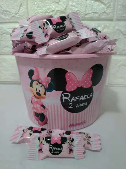 1 Balde com 100 Balas Minnie Rosa