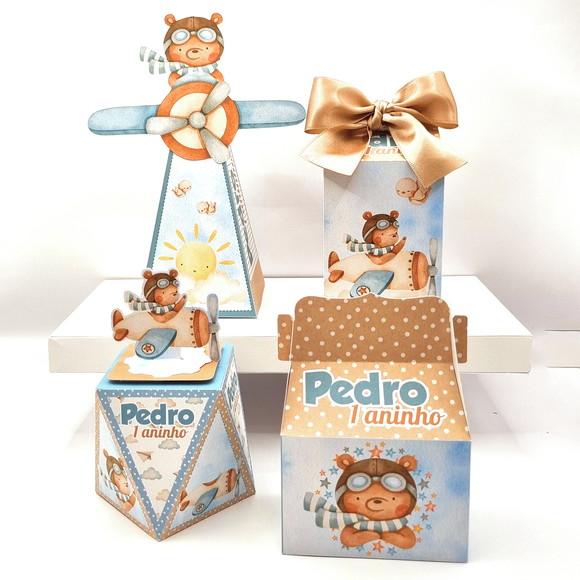 Kit de Caixas Personalizadas 20 Peças Urso Aviador Aquarela