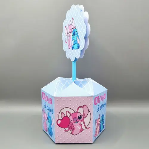 Centro de Mesa Sextavado - Stitch e Angel