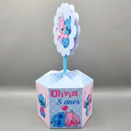 Centro de Mesa Sextavado - Stitch e Angel
