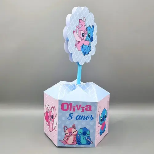 Centro de Mesa Sextavado - Stitch e Angel