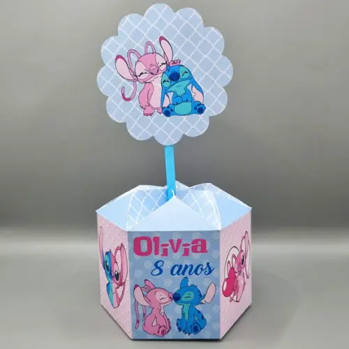 Centro de Mesa Sextavado - Stitch e Angel