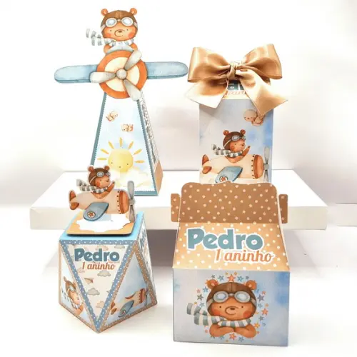 Kit de Caixas Personalizadas 50 Peças Urso Aviador Aquarela