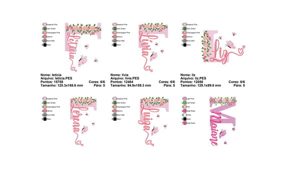 Matriz Bordado 168 Nomes com Flores - Formato Pes
