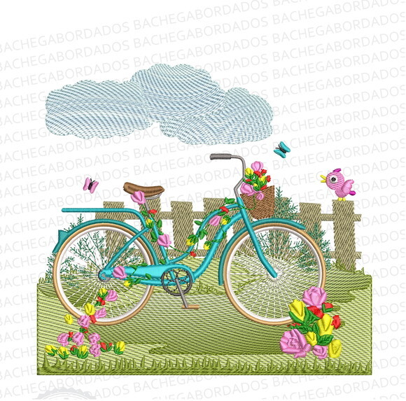 Matriz Bordado Bicicleta no Jardim - Bastidor de 20cm