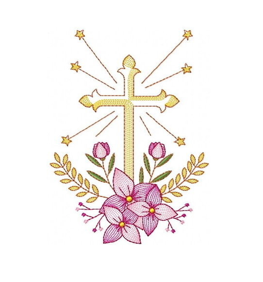 Matriz Bordado Cruz com Flores Eucaristia