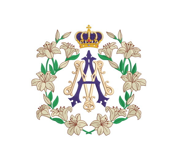 Matriz Bordado Medalha Mariana com Lírios e Coroa