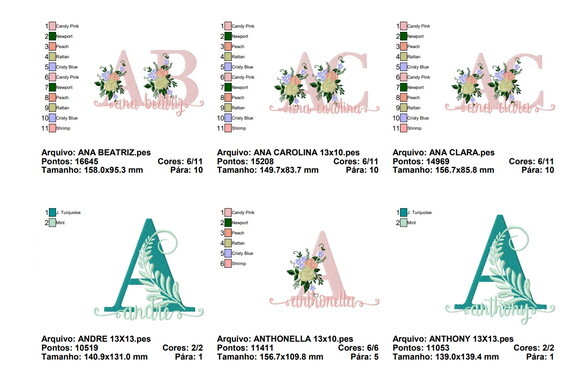 Matriz Bordado Pacote de Nomes Floral - Formato Pes