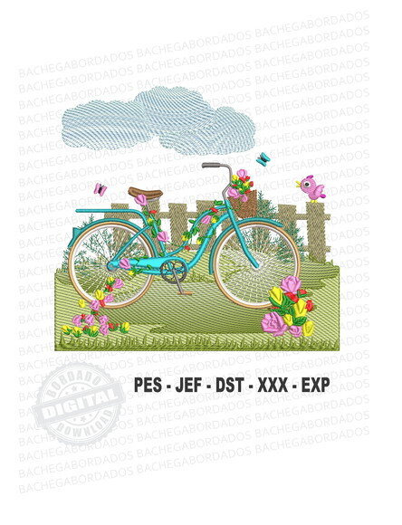 Matriz Bordado Bicicleta no Jardim - Bastidor de 20cm