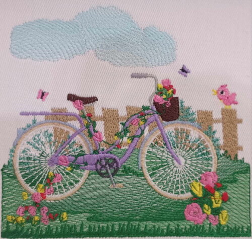 Matriz Bordado Bicicleta no Jardim - Bastidor de 20cm