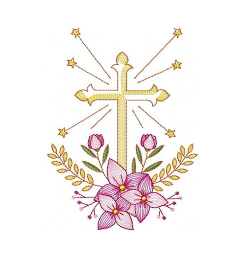 Matriz Bordado Cruz com Flores Eucaristia
