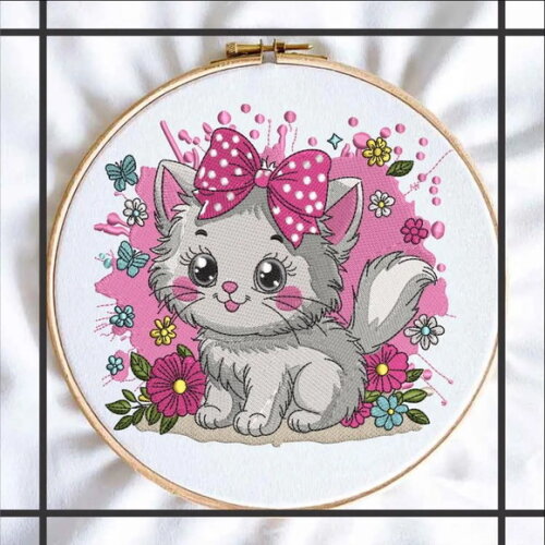 Matriz Bordado Gatinho com Flores