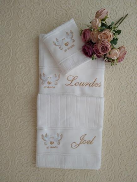 Kit Toalhas Brancas Bordadas para Bodas de Diamante-03 Peças