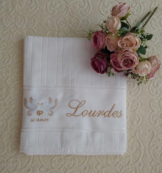 Kit Toalhas Brancas Bordadas para Bodas de Diamante-03 Peças