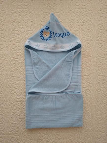 Toalha de banho Azul com capuz detalhe de coroa (Sem fralda)