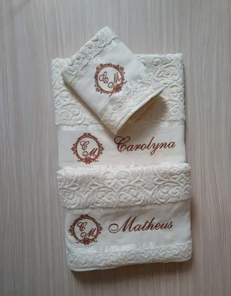 Kit de Toalhas Banhão Cor Creme Bordadas- Kit 03 Peças