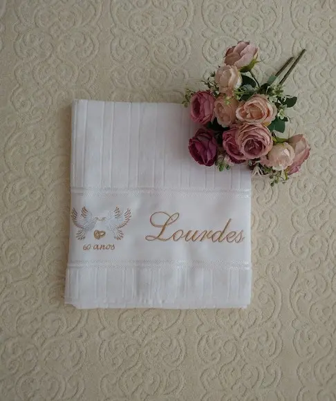 Kit Toalhas Brancas Bordadas para Bodas de Diamante-03 Peças