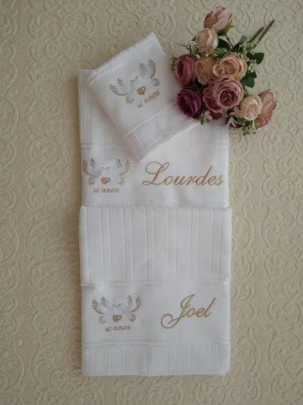 Kit Toalhas Brancas Bordadas para Bodas de Diamante-03 Peças