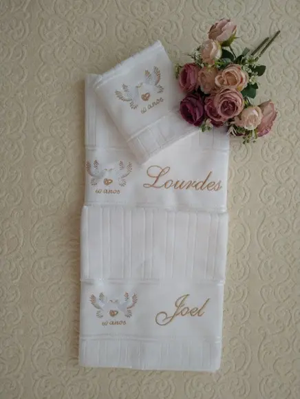 Kit Toalhas Brancas Bordadas para Bodas de Diamante-03 Peças