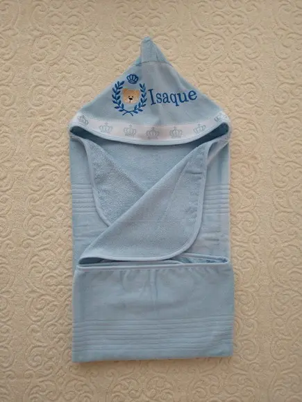 Toalha de banho Azul com capuz detalhe de coroa (Sem fralda)
