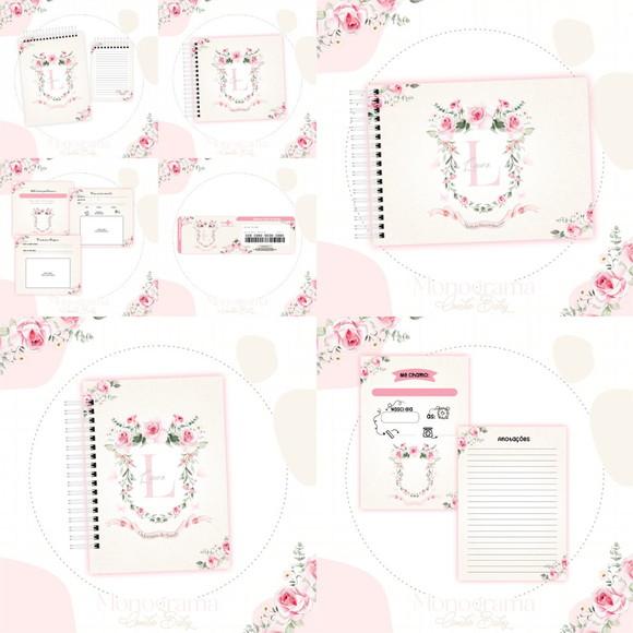 Combo Caderneta e Livro Monograma Floral Luxo Arquivodigital