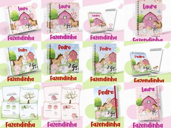 Combo Caderneta e Livros Fazendinha Menina e Menino