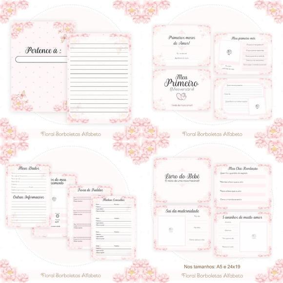 Combo Caderneta e Livros Floral Borboletas Alfabeto Arquivo