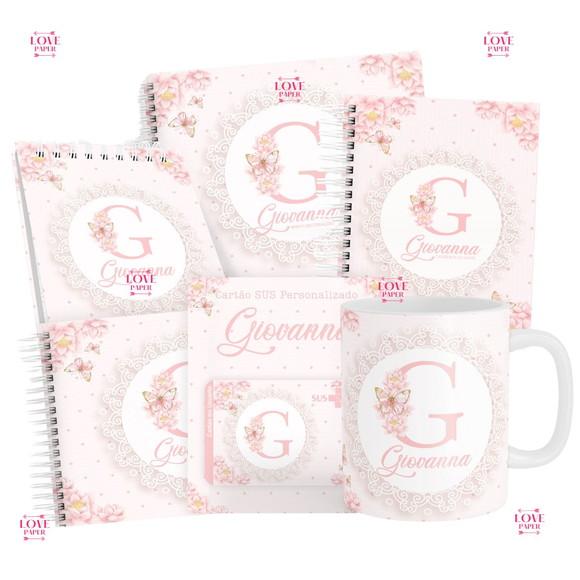 Combo Caderneta e Livros Floral Borboletas Alfabeto Arquivo