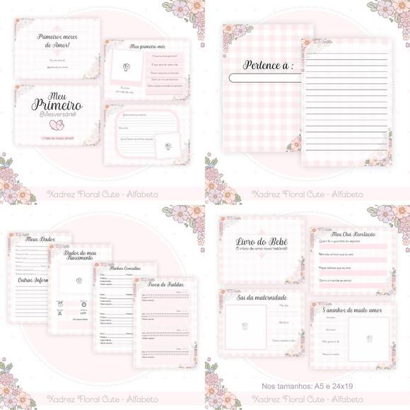 Combo Caderneta e Livros Xadrez Floral Cute Alfabeto