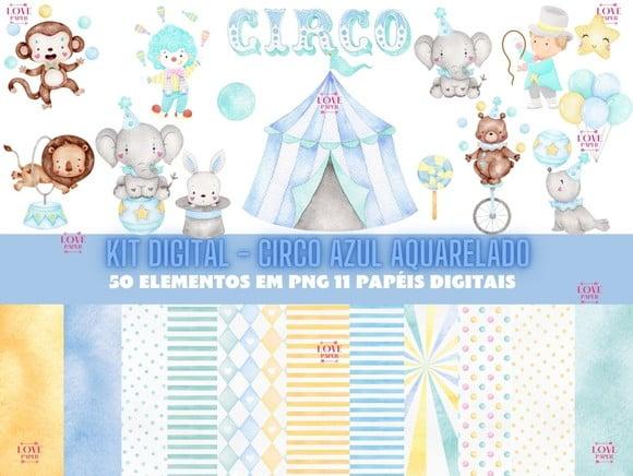 Kit Digital - Circo Azul Aquarelado