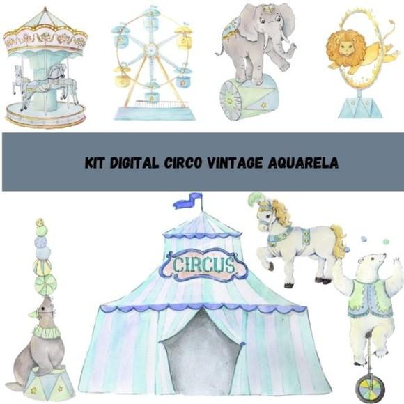 Kit Digital Circo Vintage Aquarela Rosa e Azul