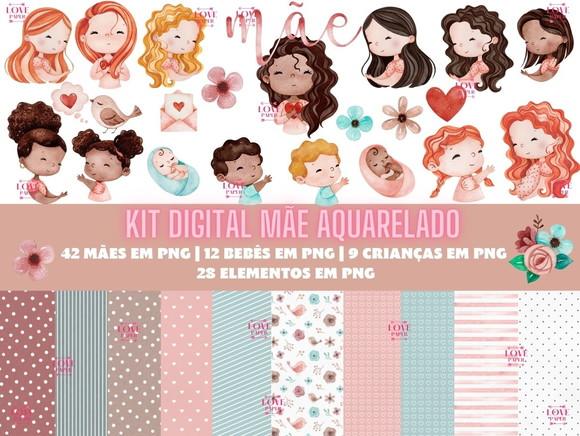 Kit Digital Mãe Aquarelado - Elementos e Papéis Digitais