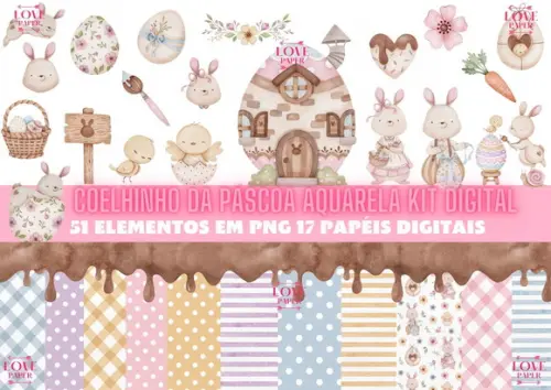 Coelhinho da Páscoa Aquarela Kit Digital