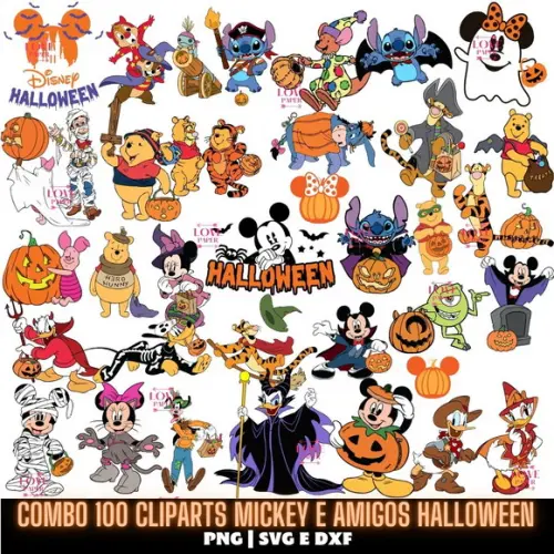 Combo 100 Cliparts Mickey e Amigos Halloween