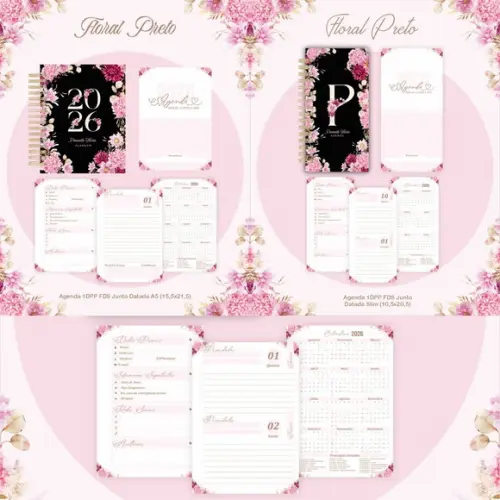 Combo Agenda e Planner Floral Preto 2026 Arquivo Digital