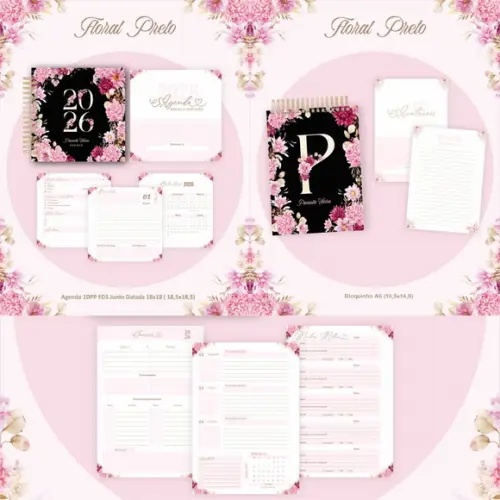 Combo Agenda e Planner Floral Preto 2026 Arquivo Digital