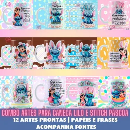 Combo Arte para Caneca Lilo e Stitch Páscoa