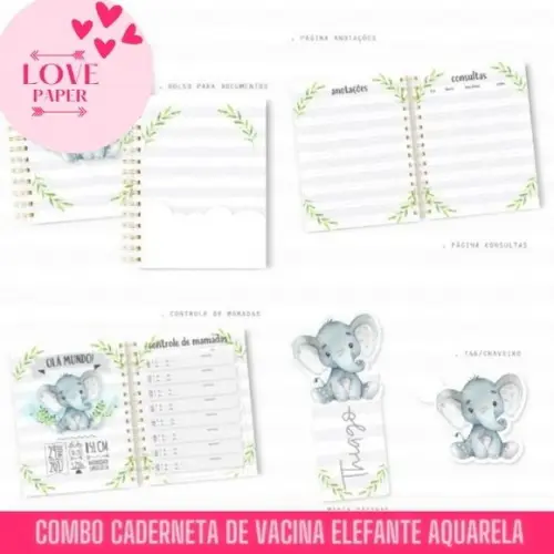 Combo Caderneta de Vacina Elefante Aquarela -arquivo Digital