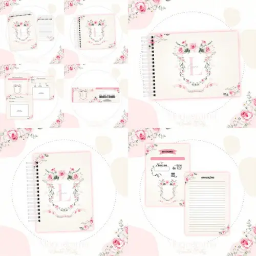 Combo Caderneta e Livro Monograma Floral Luxo Arquivodigital