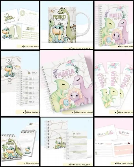 Combo Caderneta e Livros Dino Aquarela Menina e Menino