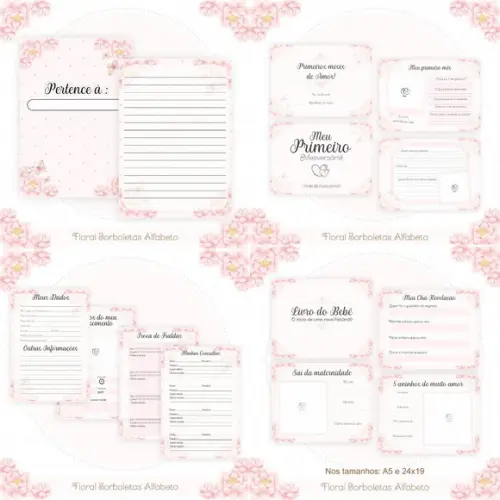 Combo Caderneta e Livros Floral Borboletas Alfabeto Arquivo