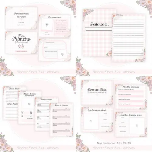 Combo Caderneta e Livros Xadrez Floral Cute Alfabeto