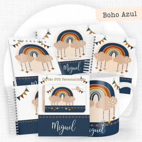 Combo Caderneta Livros Boho Azul Arquivo Digital