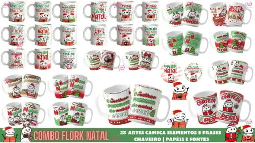 Combo Flork Natal Arte Caneca Elementos Frases e Papéis